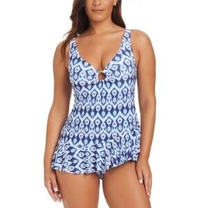 Beyond Control Blue White Ikat Swim Dress One Piece Swimsuit Tummy Control NEW